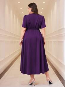 Modelyn Plus Size Elegant Solid Color Petal Sleeve Wrap Dress Long Evening Dresses - Purple - View 2