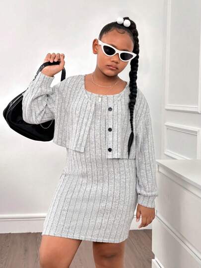SHEIN 2 piezas Conjunto de vestido sin mangas y cárdigan corto de punto acanalado de talla extendida para niñas preadolescentes