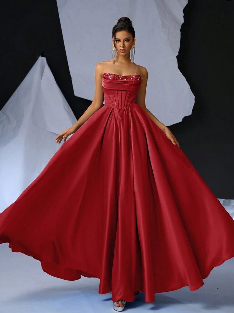 Glamrae Elegant High-End Luxurious Sexy Sequins Satin Patchwork Maxi Formal Dress Ball Gown, Prom Evening Dress, For Wedding Guest, Graduation, Dinner Party Dress - Red - View 3