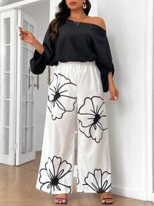 SHEIN Privé Plus Size Women's Elegant Black & White Color Block Shoulder Cutout Jumpsuit With Printed Pattern - Black and White - View 5