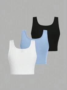 SHEIN EZwear 3pcs Women Super Cropped Tight Casual Tank Top Set, Suitable For Summer Back To School - Multicolor - View 2