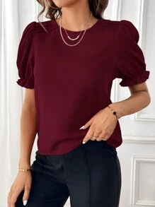 SHEIN Essnce Blusa informal de cuello redondo de manga corta y unicolor para mujer, verano - Granate - Ver 5