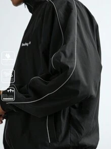 Manfinity VCAY Men's Casual Solid Color Embroidered Zip-Up Long Sleeve Jacket