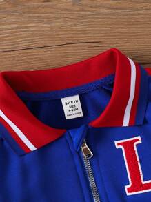 幼儿/婴儿男孩拼色克莱因蓝领字母贴花拉链夹克，运动休闲风格，适合摄影 - 寶藍色 - 查看 7