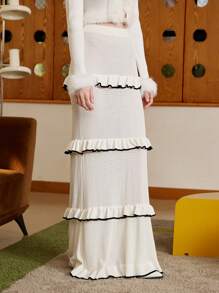 SHEIN MOD Women Black & White Ruffled Hem Sweater Maxi Skirt,Halloween Clothes,Fall Skirts,Beach Women Outfits,Old Money Outfits,Sexy Skirt,Homecoming Skirt,Elegant Skirt,Flowy Skirts,Date Night Skirt