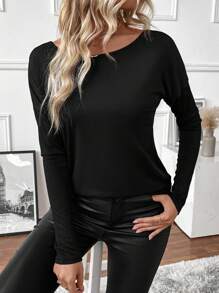 SHEIN Clasi Women's Contrast Lace Long Sleeve T-Shirt, Ribbed Tee For Spring Fall For Women - Black - View 4