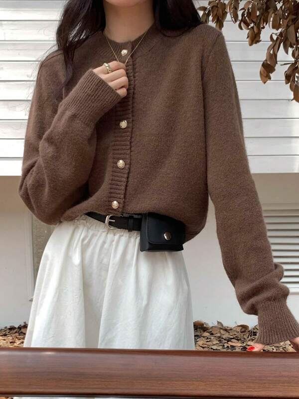 Dazy-Less Women's Solid Color Crew Neck Front Button Long Sleeve Knitted Cardigan, Fall Clothes,Ladies Spring/Fall Casual Button Regular Sleeve Round Neck Regular Fit Brown Plain Women Cardigans,Casual Daily Wear,Long Sleeve Tops