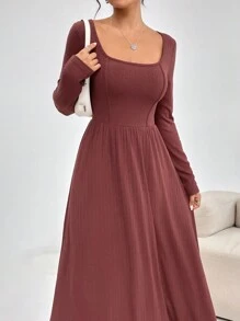 Modelyn Women's Solid Color Square Neck Long Sleeve Long Dress, Spring/Summer/Fall - Red - View 6