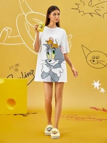 TOM & JERRY X SHEIN 女士卡通印花超大宽松睡袍，可爱白色睡裙 - 白色 - 查看 6
