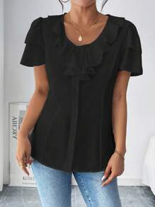 Chiquease Camisa simple de manga corta y unicolor para mujer, ideal para uso diario - Negro - Ver 6