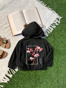 SHEIN Leap Crew 女婴拉链花卉印花连帽休闲夹克 - 黑色 - 查看 6