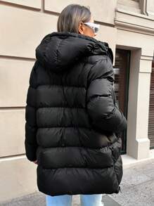 EURMUSE Slant Pocket Zip Up Puffer Coat - Black - View 2