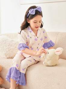 SHEIN 2 piezas Conjunto de pijama para niña joven con decoración de volantes en cuello, puños y dobladillo, estampado floral fresco - Morado - Ver 3