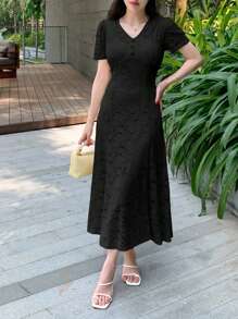 DAZY Black Lace V-Neck Waist-Cinched Fishtail Dress For Women Sundress - Black - View 3