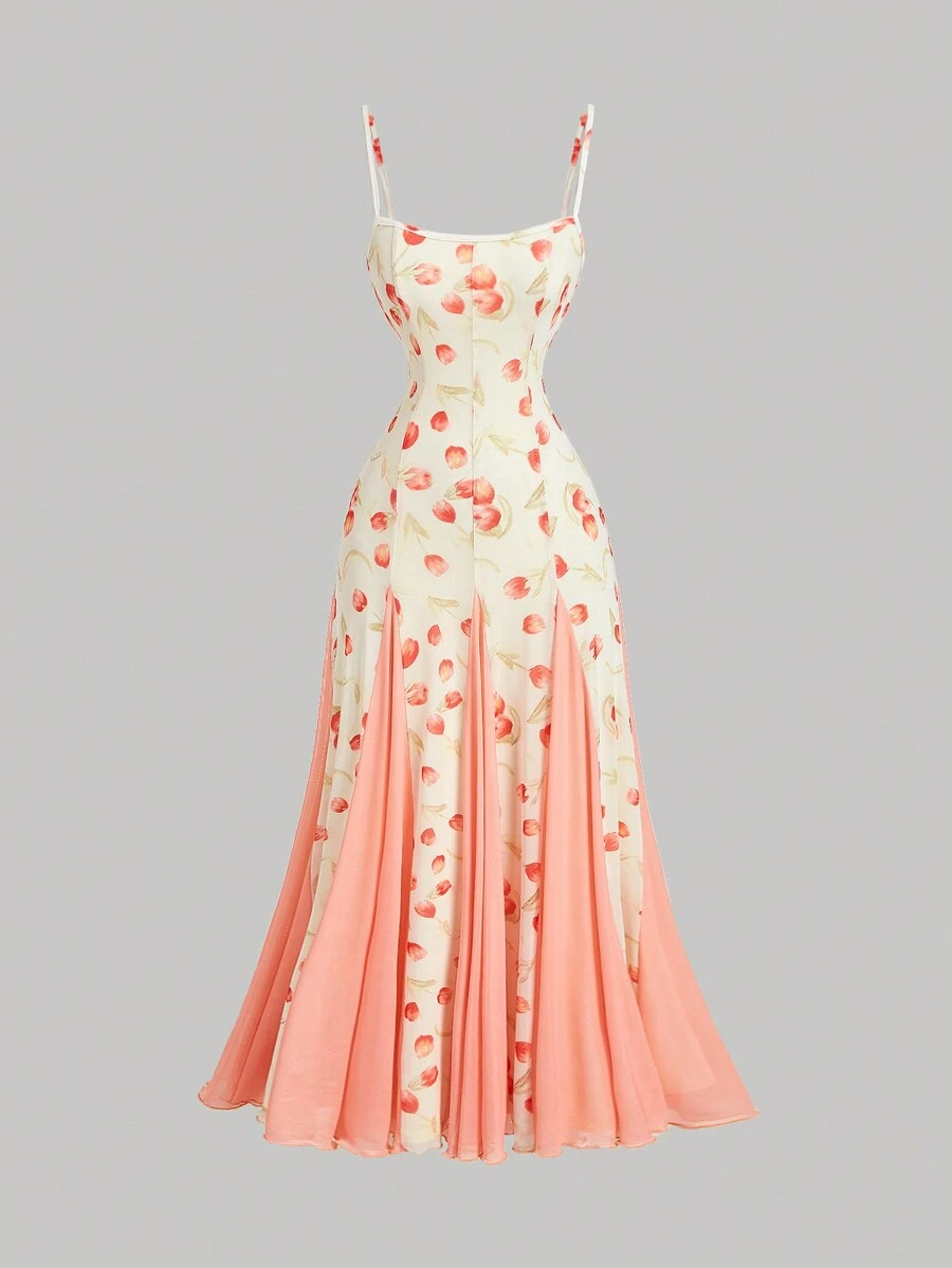 SHEIN MOD Vestido largo de verano con estampado de tulipanes rosa, vestido maxi con gran bajo para mujer, vestidos para graduación, vestidos de playa para mujer - Rojo - Ver 1