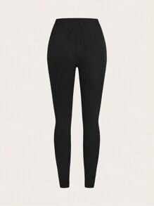 SHEIN Essnce Black Thin Velvet Warm Leopard Print Jacquard Women's Tight Leggings - Black - View 5