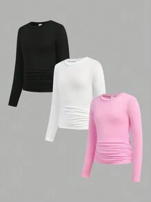 SHEIN 3pcs/Set Tween Girl Casual Ruched Waist Round Neck Short Fitted Long Sleeve T-Shirts, School, Campus, College Chic Outfits For Autumn/Winter - Multicolor - View 14