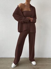 SHEIN EZwear 3 món Nữ Xuân & Hè Chắc Chắn Rớt Vai Áo Sơ Mi Tay Dài, Crop Yếm Áo & Quần Bộ 3 món - Màu nâu Sô-cô-la - Xem 6