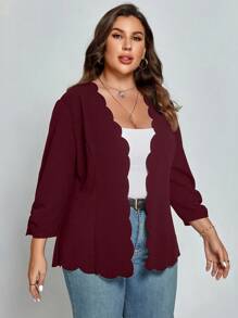 SHEIN Clasi 大码女式纯色简约休闲外壳饰边长袖夹克 - 酒紅色 - 查看 3