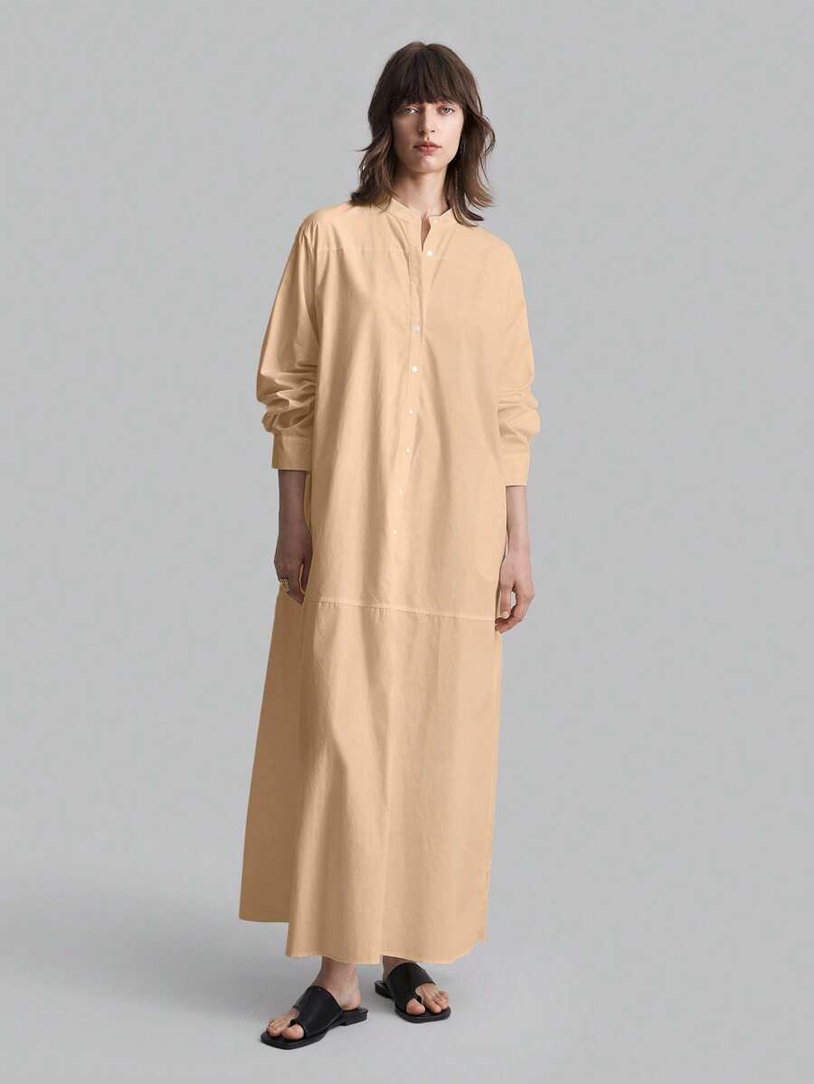 Ontre Women Spring & Autumn Solid Button Half Placket Long Sleeve Loose Straight Casual Dress - Khaki - View 1