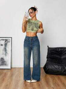 Jeans rectos de pierna clásicos de estilo estadounidense de color azul oscuro retro para mujer, pantalones anchos casuales sueltos, conjunto de moda para primavera/verano - Azul lavado oscuro - Ver 5
