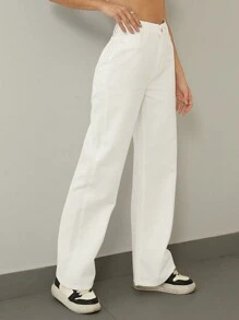 SHE(IN) BRASIL Calça Jeans Feminina Wide Leg Casual Branca - White - View 1