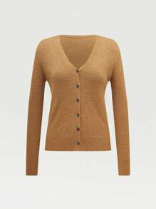 Chiquease 纯色纽扣休闲开衫毛衣、长袖上衣 - 駝色 - 查看 1