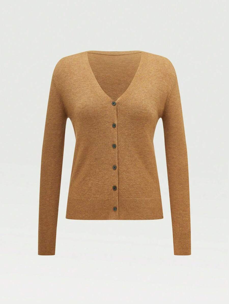 Chiquease 纯色纽扣休闲开衫毛衣、长袖上衣 - 駝色 - 查看 1