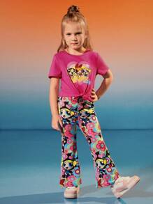 THE POWERPUFF GIRLS X SHEIN 2pcs Young Girl Cartoon Print Knot Hem Short Sleeve T-Shirt And Flare Leg Pants Outfit