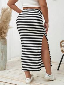 SHEIN Essnce Plus Size Ribbed Loose Slit Skirt - Black and White - View 2