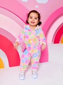 SHEIN Playful Pals 女婴可爱花卉图案提花羊毛连体衣，秋冬 - 粉色 - 查看 6