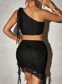 SHEIN SXY 2pcs/Set Summer Sexy Lace Ruffle One-Shoulder Crop Top & Ruffle Hem Bodycon Skirt Set - Black - View 2