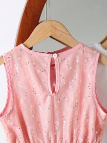 SHEIN 2 件女童优雅圆领无袖收腰网眼连衣裙和毛茸茸背心套装