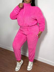 Slaydiva 休闲秋冬两件套大码女士套装：纯色毛绒短款连帽衫和裤子