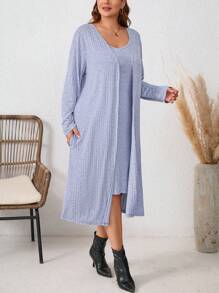 SHEIN LUNE 大码罗纹吊带裙 + 开衫 2 件套秋季女装女士服装套装旅行装机场 - 藍色 - 查看 5