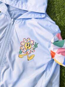 SHEIN Jachetă de vânt cu glugă cu imprimeu cu tablă de șah cu desene animate pentru fetițe, vară - Bleu - Vizualizare 4