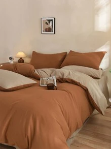 3 件套橙色和卡其色超柔软宿舍卧室被子套装，1 件羽绒被套，2 件枕套，无填充物，可机洗 - 橘色 - 查看 2