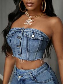 Slaydiva Summer Casual Front Button Cropped Camisole Denim Top - Medium Wash - View 5