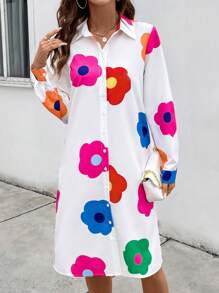 SHEIN LUNE Women Casual Flat Lay Bright Color White Bottom Printed Flower Dress - White - View 4