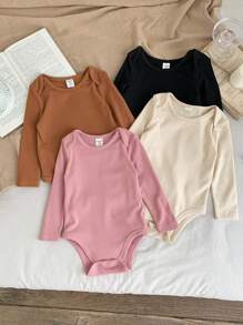 SHEIN LMoss Kids 4件套LMoss新生女婴可爱针织纯色连体衣套装，秋冬款 - 彩色 - 查看 3