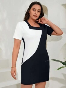 RueChic Plus Two Tone Square Neck Dress - Black and White - View 1