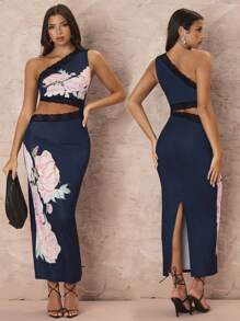 Glamine Vestito asimmetrico con scollo scavato, in pizzo floreale e patchwork sexy - Blu Navy - Visualizzare 1