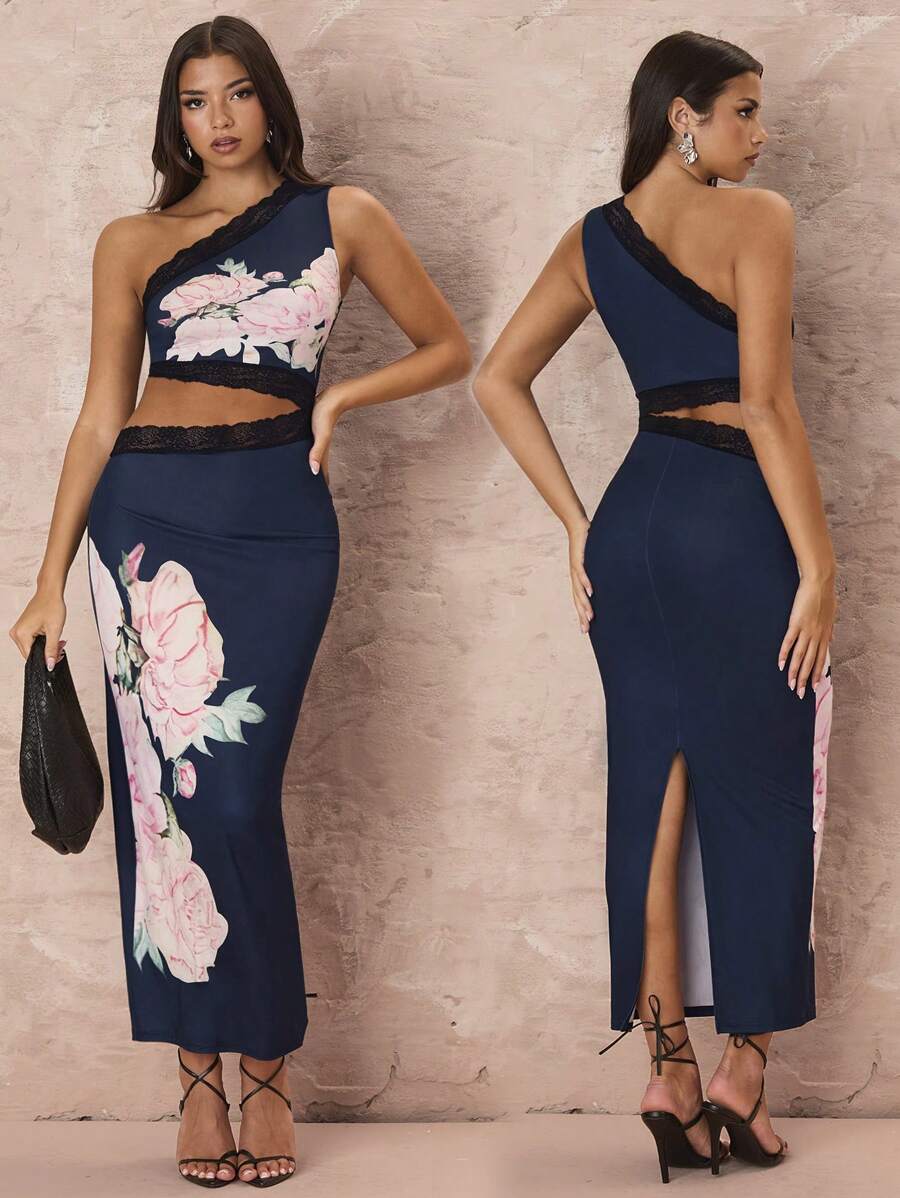 Glamine Vestito asimmetrico con scollo scavato, in pizzo floreale e patchwork sexy - Blu Navy - Visualizzare 1
