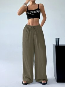 SHEIN EZwear 女式纯色前系带口袋简约休闲裤 - 軍綠色 - 查看 4