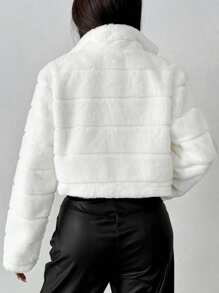 Flirla Women's Solid Color White Stand Collar Long Sleeve Fleece Short Jacket, Autumn Winter Fall Cloth For Women - White - View 2
