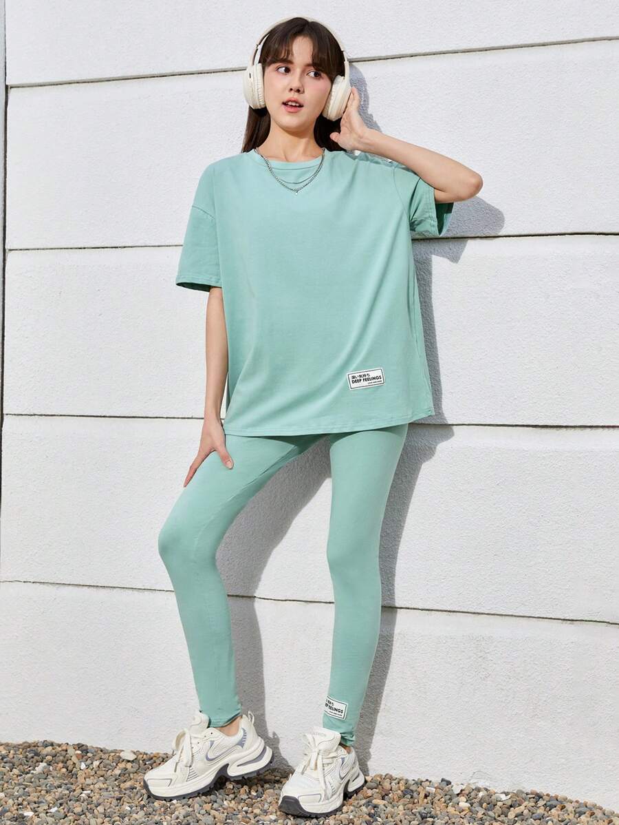 SHEIN Teen Girls' Woven Label Knitted Solid Color T-shirt And Leggings Set