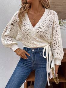 Pariaura Cárdigan de punto con manga de linterna, cuello en V, nudo lateral y pespunte, manga larga - Beis - Ver 5