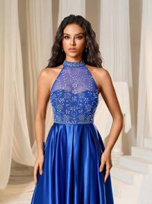 Faeriesty Rhinestone Detail Halter Neck Satin Formal Dress - Royal Blue - View 5