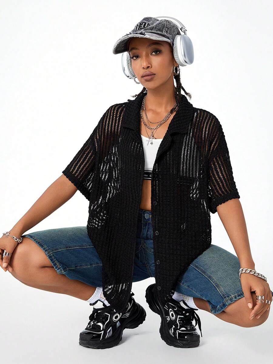 SHEIN EZwear 女式夏季休闲纹理面料短袖衬衫 - 黑色 - 查看 1
