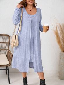 SHEIN LUNE 大码罗纹吊带裙 + 开衫 2 件套秋季女装女士服装套装旅行装机场 - 藍色 - 查看 6